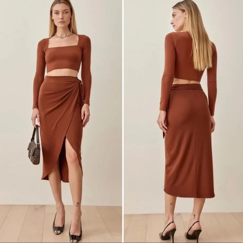 Reformation *IN Chocolate Brown* Tessa Two-Piece Knit Set Small Top Skirt